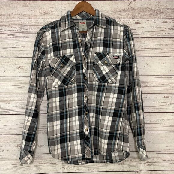 Dickies Flannel Grey‎ Black White Blue Button Down Medium - Picture 1 of 5